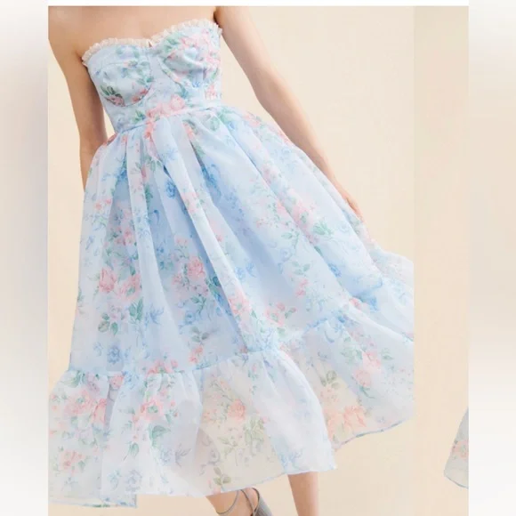 FREE PEOPLE Selkie French Corset Puff MIDI Dress Powder Blue Floral - Picture 4 of 9